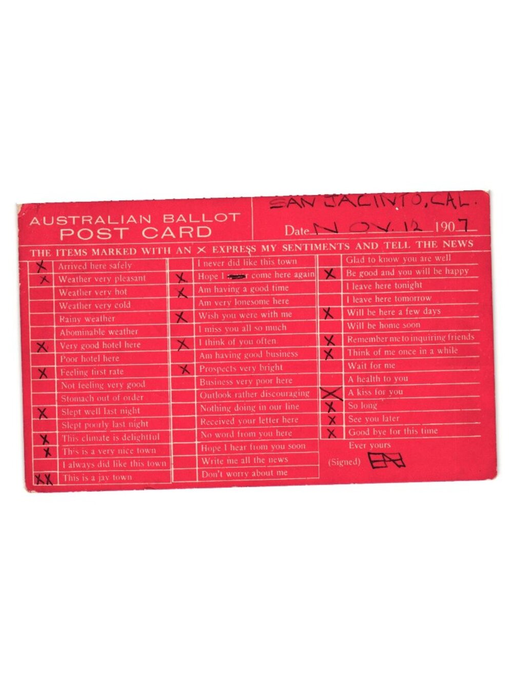 Australian Ballot Postcard 1907 Checklist Vintage San Jacinto Nov 12 1 Cent Fran